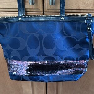 Coach Navy zippered bag with sequin details